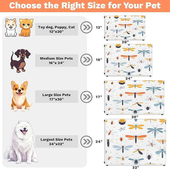 Boho Dragonfly Dog Food Mat for Floors Absorbent, Quick Dry Water Dispenser Mat for Food, Water, Pet Supplies 17" x 30", Colorful Dragonflies