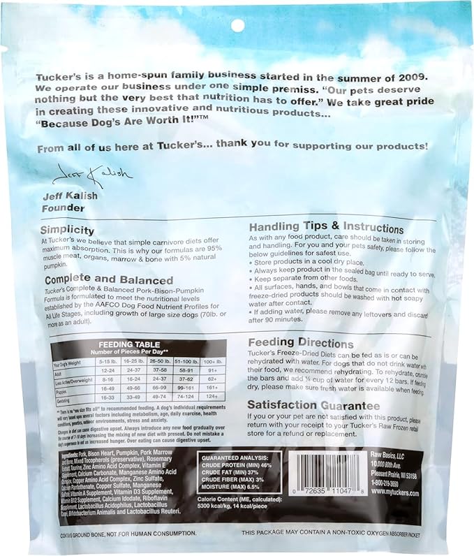 Tucker's Raw Frozen Freeze Dried Raw Dog Food, Pork, Bison & Pumpkin Formula 14oz (2 Pack)