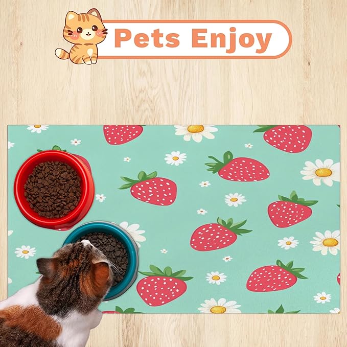 Strawberry Dog Food Mat for Floors Absorbent Dog Bowl Mat for Food and Water Dispenser Quick Dry Cat Food Placemat Pet Supplies 16" x 24", Daisy Flower
