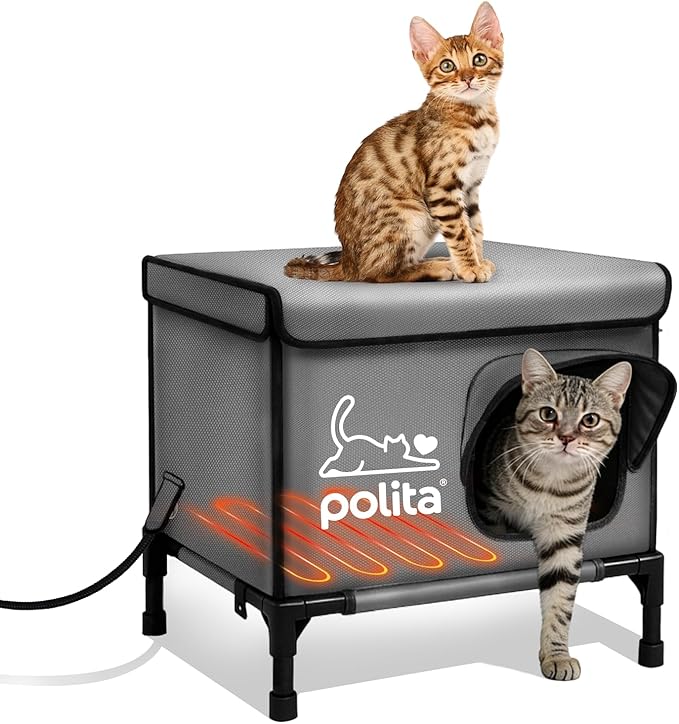 Polita Indestructible Heated Cat House for Outdoor Cats All Seasons, Extremely Insulated & 100% Weatherproof, Elevated Feral Cat Shelter with Waterproof Eaves &Safe Escape Door for Stray & Barn Cats