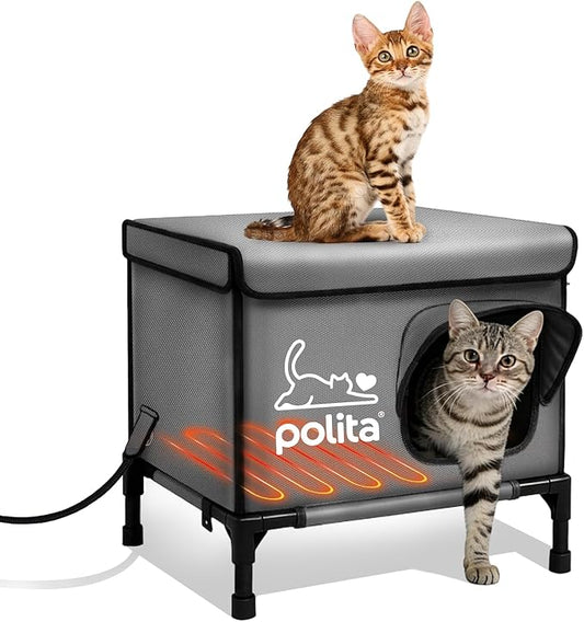 Polita Indestructible Heated Cat House for Outdoor Cats All Seasons, Extremely Insulated & 100% Weatherproof, Elevated Feral Cat Shelter with Waterproof Eaves &Safe Escape Door for Stray & Barn Cats