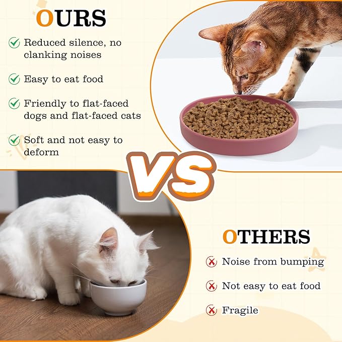 BNOSDM Silicone Cat Bowl 2 Pcs Non-Slip Cat Dish for Dry Food and Wet Food Shallow Relief Whisker Fatigue Pet Bowls Plates Set for Kittens, Small Cats and Dogs (Red)