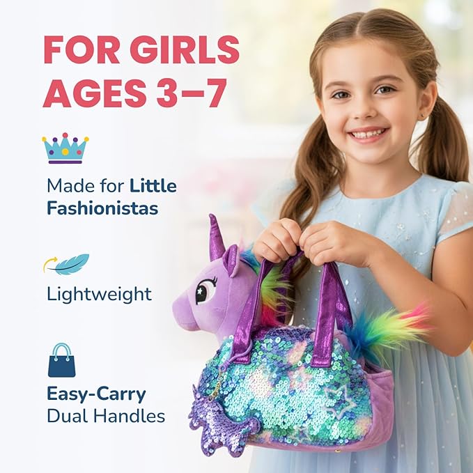 Little Jupiter Plush Pet Set w/Purse - Unicorn Stuffed Animals for Girls - Plush Toy Gift for Girls Ages 3-7 yrs (Light Purple Unicorn)