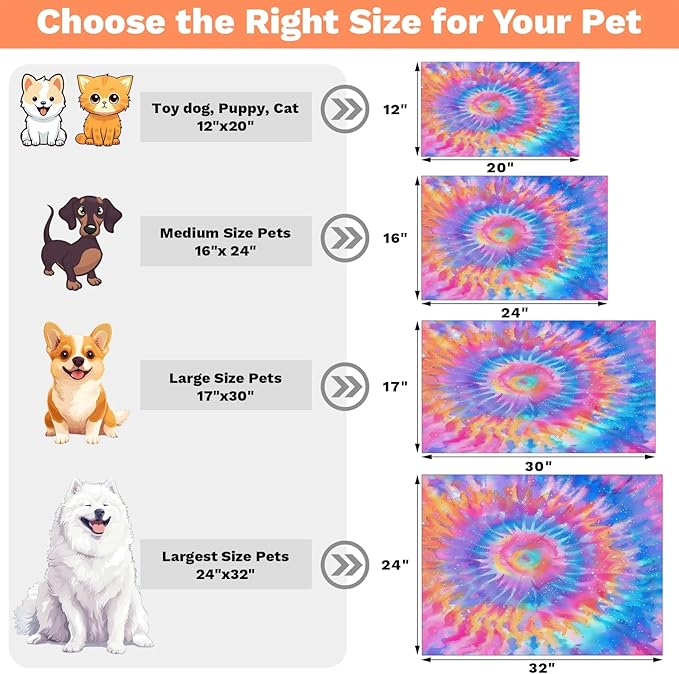 Tie Dye Dog Food Mat for Floors Absorbent, Quick Dry Water Dispenser Mat for Food, Water, Pet Supplies 12" x 20", Pink Purple
