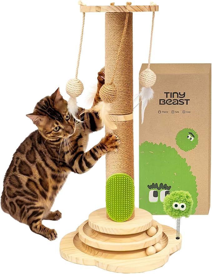 TINYBEAST Wooden Cat Scratching Post, 4 in 1 Cat Scratcher Toy with Cat Ball Tracks, 25" Tall Sisal Scratch Post for Indoor Kittens Adult Cats, Interactive Feather Toy and 4 Sisal Hanging Balls