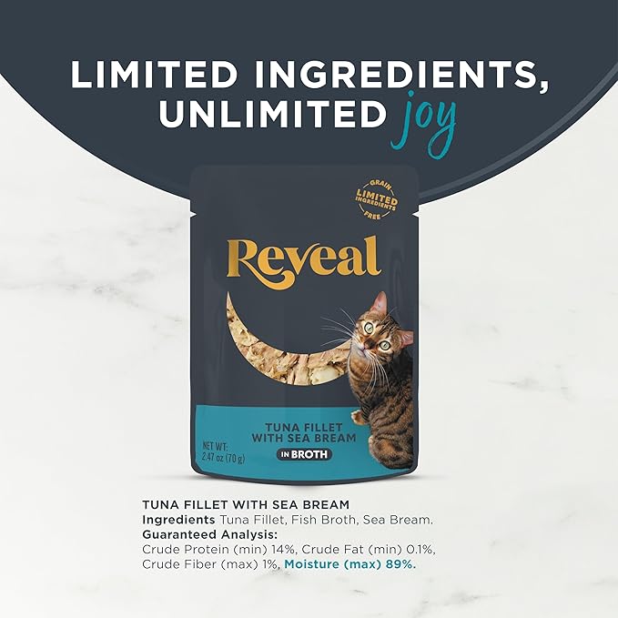 Reveal Natural Wet Cat Food, Limited and Natural Ingredients, Grain Free, High Protein with No Artificial Additives, Tuna Fillet with Seabream in Broth (12 x 2.47 oz Pouches)