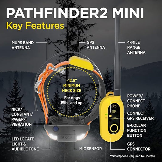 Dogtra Pathfinder2 Mini GPS Tracker e Collar + Add-on Receiver (Black) | 4 Mile, LED Light, Waterproof, Free App, No Fees, Smartwatch Control, Satellite Tracking, Multi Dogs, Smartphone Required