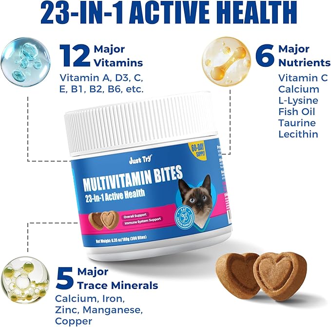 Just Try 23 in 1 Taurine for Cats Vitamins Treats with L-Lysine for Immune, Joint Support Skin & Coat & Heart Health - Multivitamin, Omega 3, Biotin Supplements for Indoor & Senior Cats - 300 Bites
