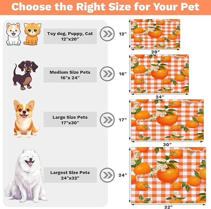 Orange Fruit Dog Food Mat for Floors Absorbent Dog Bowl Mat for Food and Water Dispenser Quick Dry Cat Food Placemat Pet Supplies 12" x 20", Buffalo Check