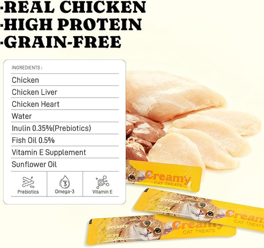 Lickable Cat Treats, High Moisture Hydrating Creamy Puree Squeeze Tubes, Chicken Flavor, 20 Tubes 0.5oz, Grain-Free, Omega Oils & Vitamin E, Skin & Coat Health, Digestive and Immune Support