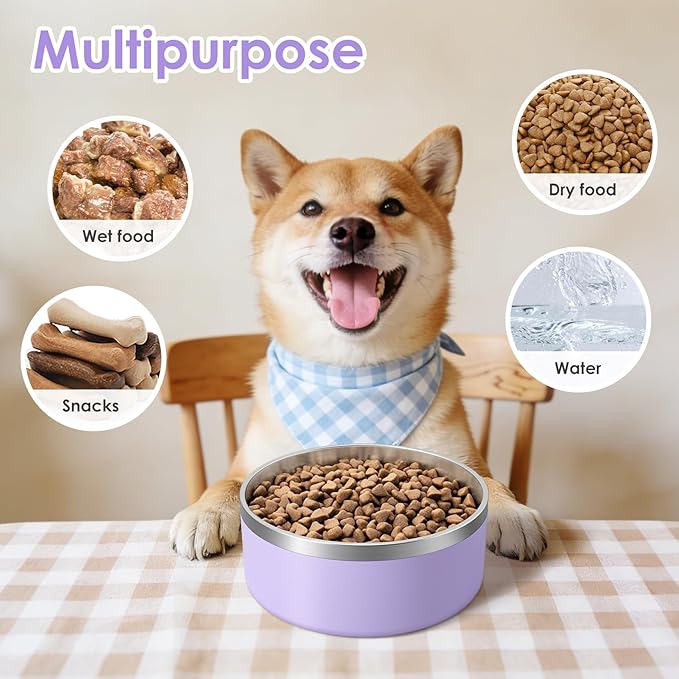 IKITCHEN Dog Bowl for Food and Water, 40 Oz Stainless Steel Pet Feeding Bowl, Durable Non-Skid Insulated Heavy Duty with Rubber Bottom for Medium Large Dogs (40 Ounces/5 Cup, Light Purple)