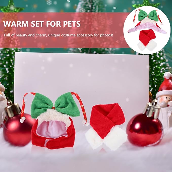Dog Christmas Hat Scarf Set, Cotton Pet Head Cover with Thermal Warmth, 2pcs Holiday Headdress Supplies for Puppies and Small Dogs