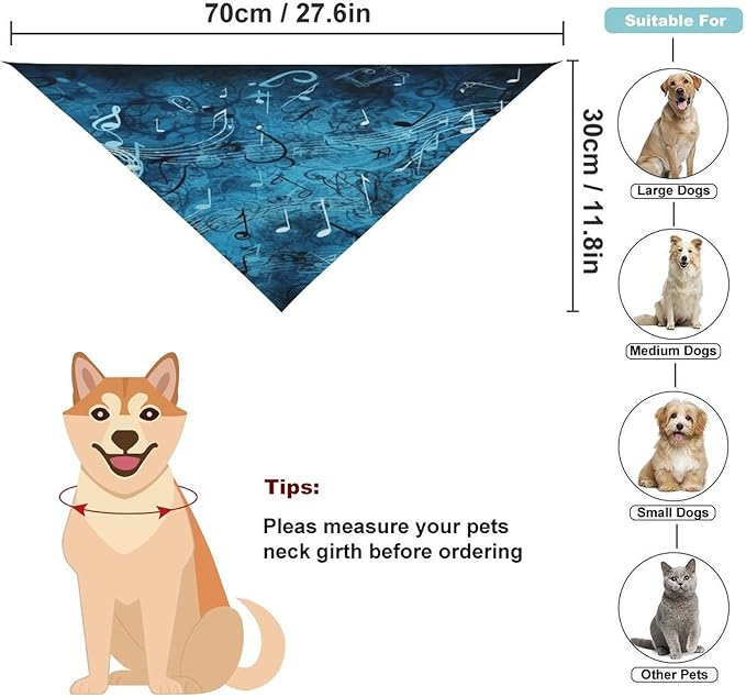 Dog Bandana Spring Pet Scarf Adjustable Triangle Blue Musical Notes Printing Dog Bib Washable Polyester Puppy Bandana for Small Medium Large Dogs Cat Birthday Party Supplies