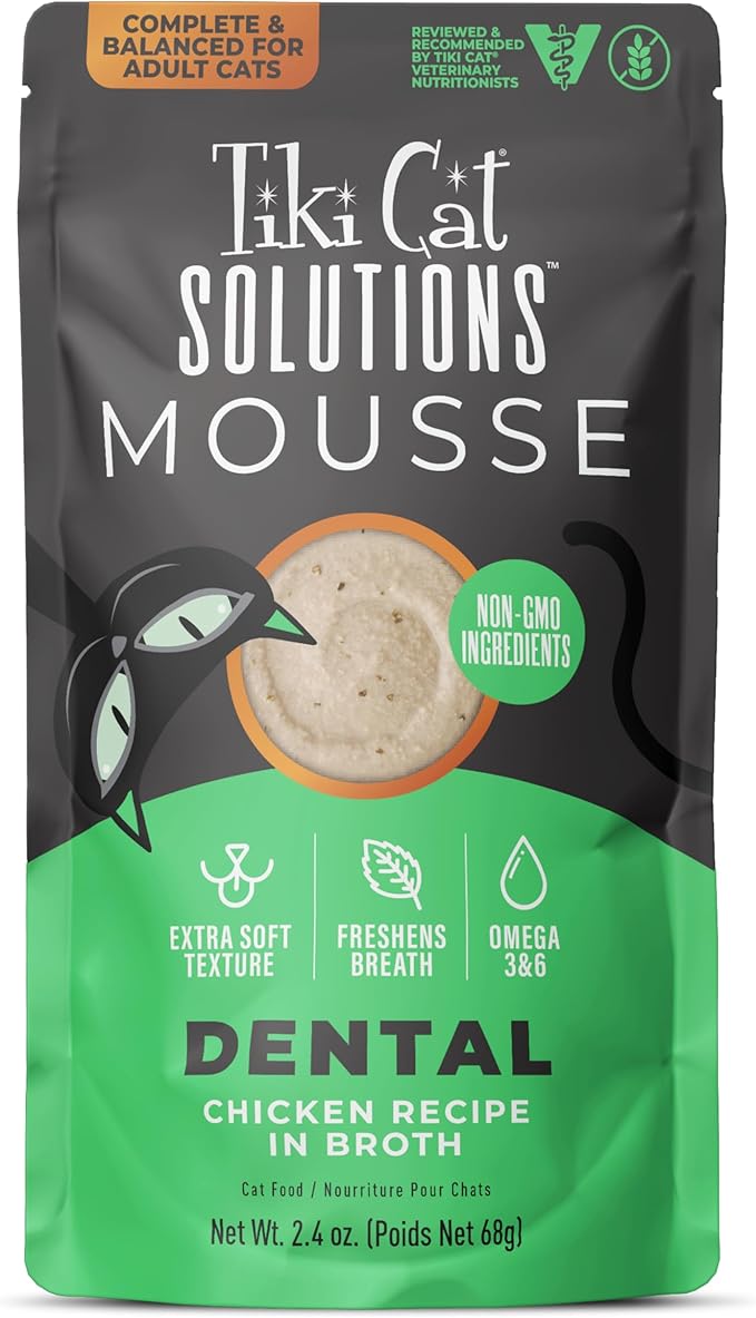 Tiki Cat Solutions Mousse Wet Cat Food, Dental, Chicken Recipe in Broth, 2.4 oz. Pouch (12 Pack)