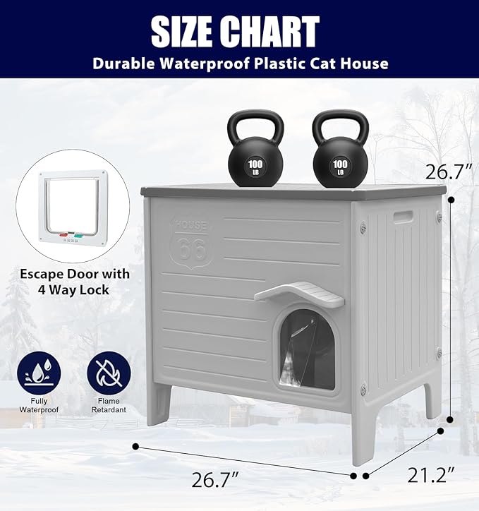 Plastic Cat House Outdoor & Indoor, Feral Cat Houses with Escape Door, Waterproof Outdoor Cat Shelter for Feral Stray Cat Kitty, Assemble Easily