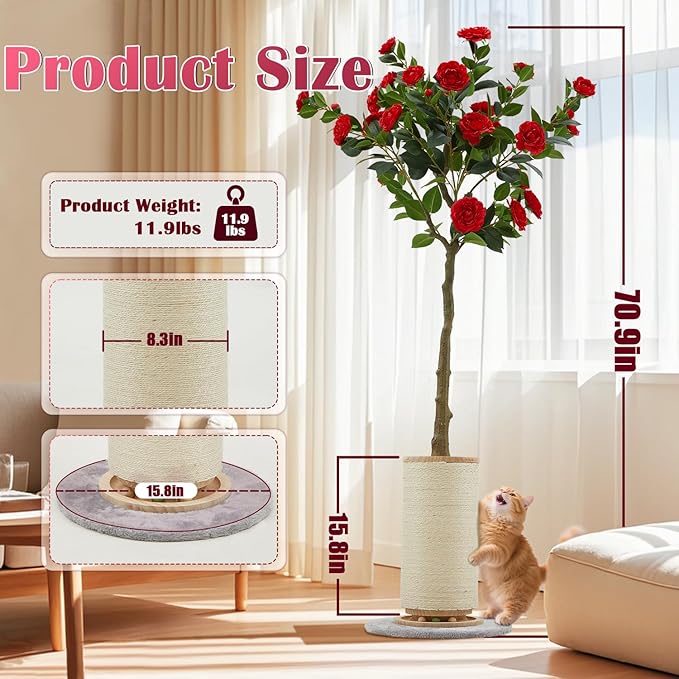 70.9'' Tall Cat Scratching Post,Artificial Camellia Tree Extra-Large Scratcher for Indoor Cats Adult,8.3'' Thick Natural Sisal Rope Post with Interactive Ball Toy (flower-70.9inch)