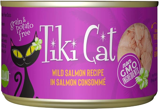 Tiki Cat Luau Shredded Meat, Wild Salmon Recipe in Salmon Consumme, Grain-Free Balanced Nutrition Wet Canned Cat Food, For All Life Stages, 6 oz. Can (8 Count)