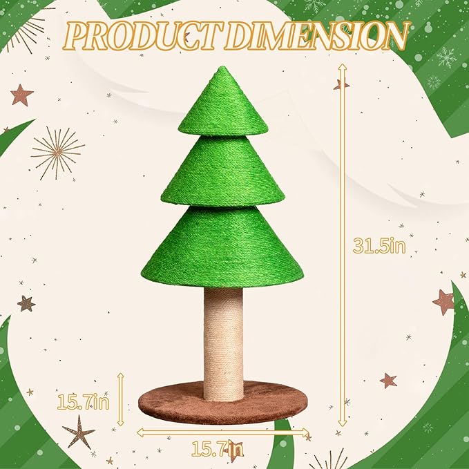 31.5" Christmas Tree Cat Scratching Post,Sisal Cat Scratching Tree Cat Scratch Tower for Kitty and Adult Cats (Lighted Green)