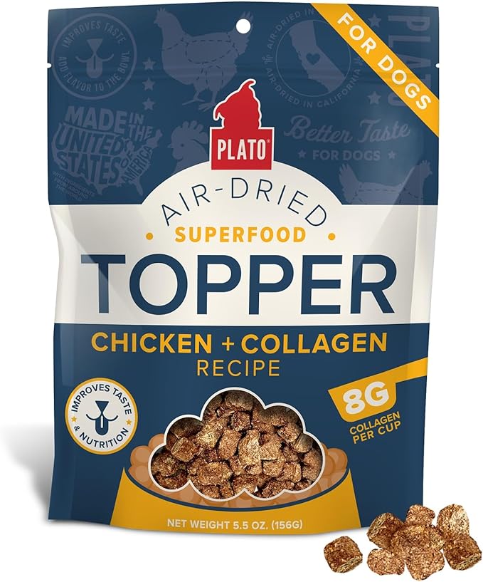 Plato Pet Treats Dog Food Toppers - Air-Dried Dog Food Toppers for Dry Food - with Collagen to Support Skin and Coat Health - Chicken and Collagen Recipe 5.5oz