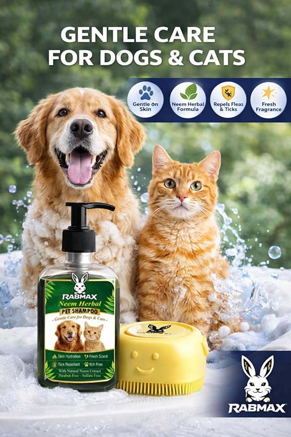 Pet Bath Combo kit-Neem Herbal Shampoo & Silicone Dispenser Brush with Reusable Zip-Lock Bag | Dog cat Grooming Supplies for Gentle Skin Care, Easy Bathing Solution