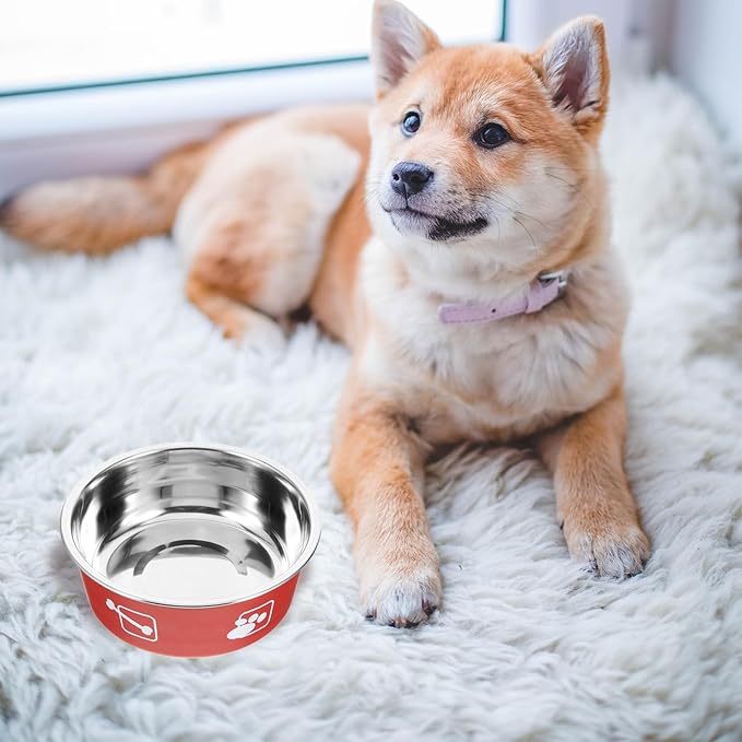 Stainless Steel Dog Feeding Bowl Non-Skid Medium Size Brick Red Pet Food and Water Dish for Household Use Puppy Feeder Spill-Proof Pet Supply
