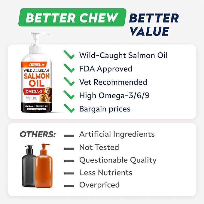 StrellaLab Wild Alaskan Salmon Oil for Dogs - Natural Omega 3 for Dogs & Cats, Itch & Allergy Relief, Skin & Coat Support - Fish Oil Liquid, EPA+DHA Fatty Acids for Hip&Joint, Immune&Heart Health 8 Oz