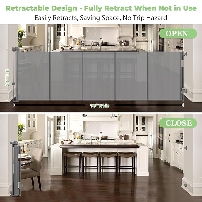 96 Inch Wide Reinforced Retractable Dog Gate with Support Rods - Prevent Crawling Under, Extra Long Retractable Baby Gate Large Dog Gate Indoor/Outdoor Retractable Pet Gate, Gray