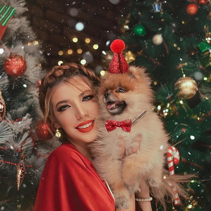 YARNOW Dog Christmas Costume Collar Set 2pcs with Red Santa Hat and Bow Tie, Holiday Pet Supplies for Puppy and Small Dogs, Festive Xmas Pet Accessories