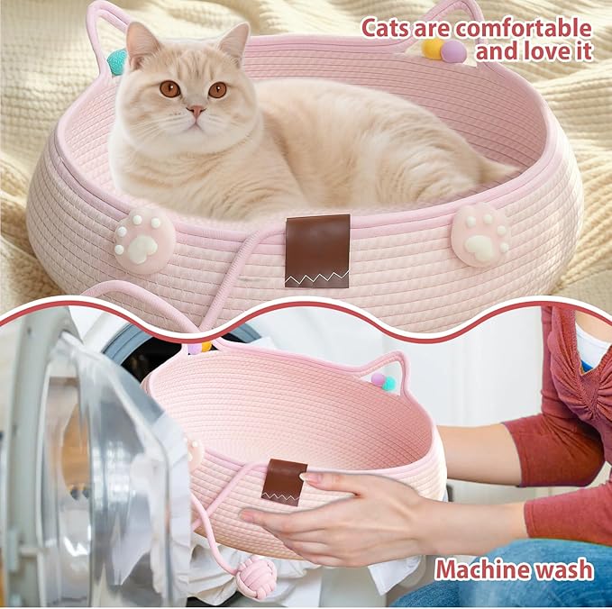 Woven Cat Bed Basket with Ears, Pink Cotton Rope Pet Bed for Indoor Cats, Small Dogs & Rabbits - Cute Basket with Pom Poms & Toy Ball (15.75x5.51 Inch)