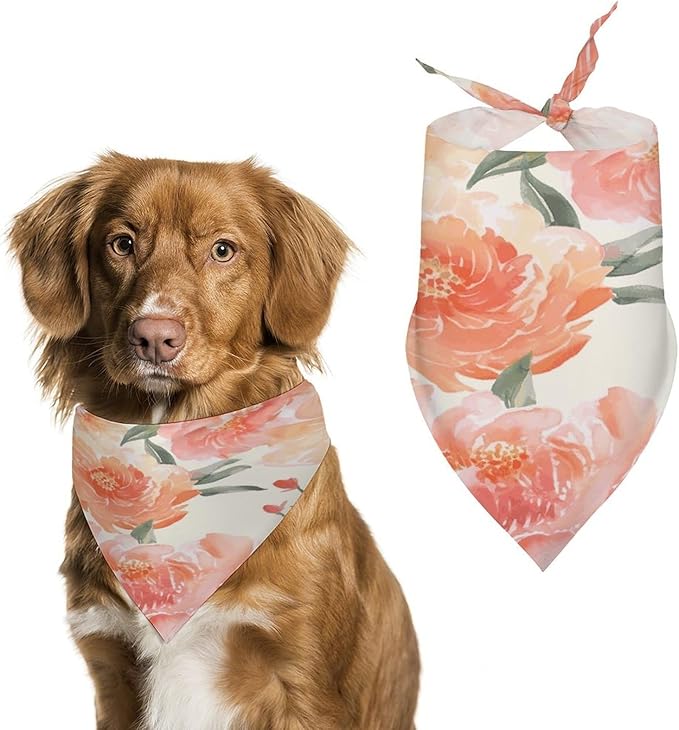 Dog Bandana Spring Pet Scarf Adjustable Triangle Peach Peony Printing Dog Bib Washable Polyester Puppy Bandana for Small Medium Large Dogs Cat Birthday Party Supplies