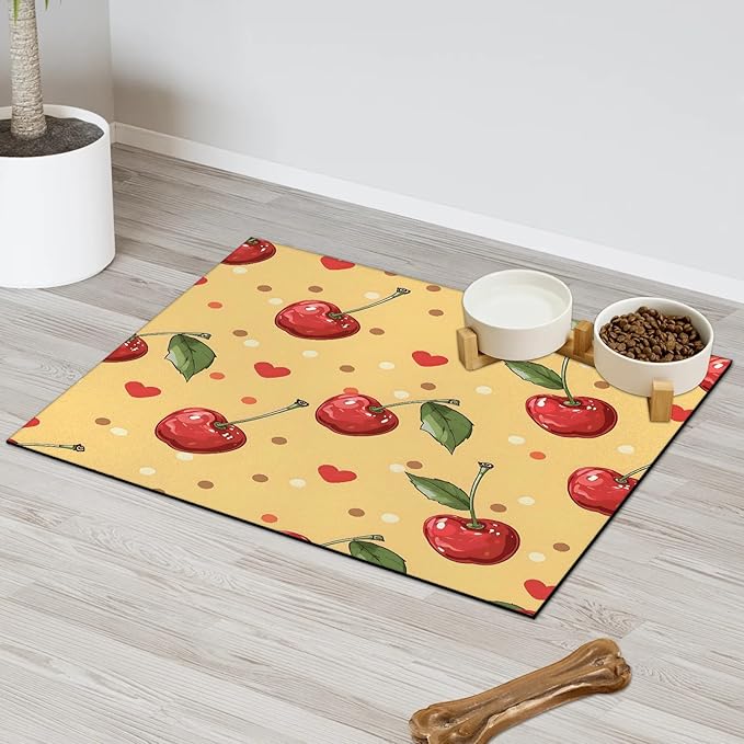Cherry Fruit Dog Food Mat for Floors Absorbent Dog Bowl Mat for Food and Water Dispenser Quick Dry Cat Food Placemat Pet Supplies 17" x 30", Love Polka Dot