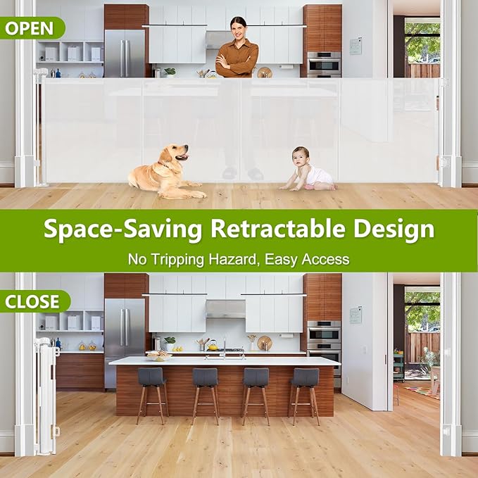 Reinforced 42" Tall x 195" Extra Wide Retractable Baby Gate with Support Rods - Prevent Crawling Under, Extra Large Baby Gate Retractable Dog Gate Indoor Tall Dog Gate Outdoor Gates for Decks, White