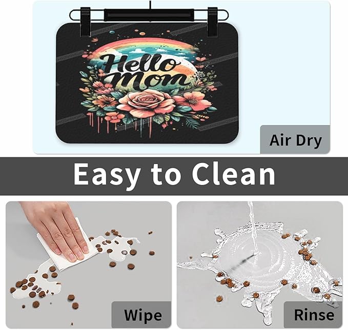 Pet Feeding Mats with Residue Collection Happy Mother's Day Floral Gift for Mom Rainbow Waterproof Dog Cat Bowl Mat 18X12In with Prevent Water Food Spills