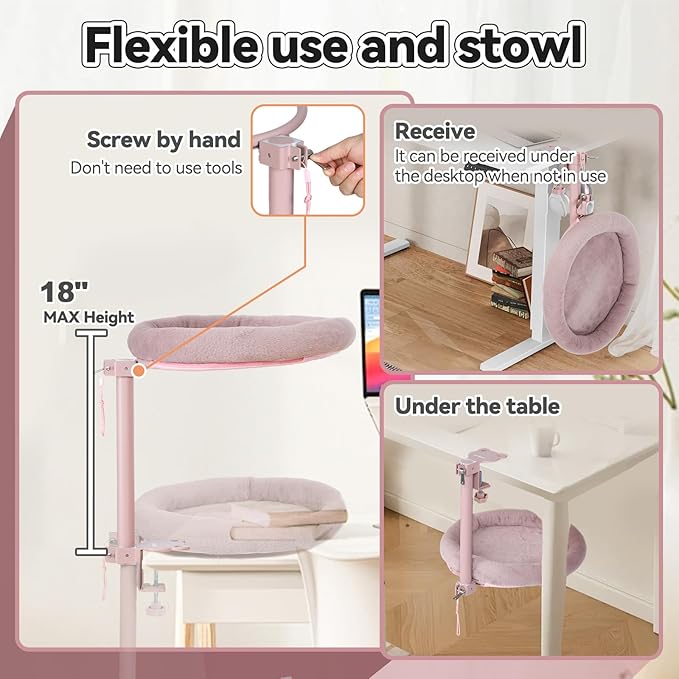Cat Desk Bed,Steel Cat Bed for Desk,Up and Down Available,360° Rotating, Shelf Height Adjustable, Desktop Attachment Cats Nest Perch Hammock for Office Game Tables, Supports 40lb (Pink)
