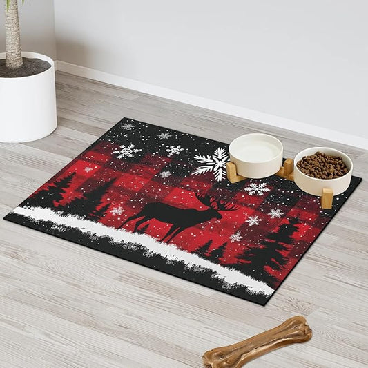 Xmas Deer Dog Food Mat for Floors Absorbent, Quick Dry Water Dispenser Mat for Food, Water, Pet Supplies 12" x 20", Christmas Snowflake