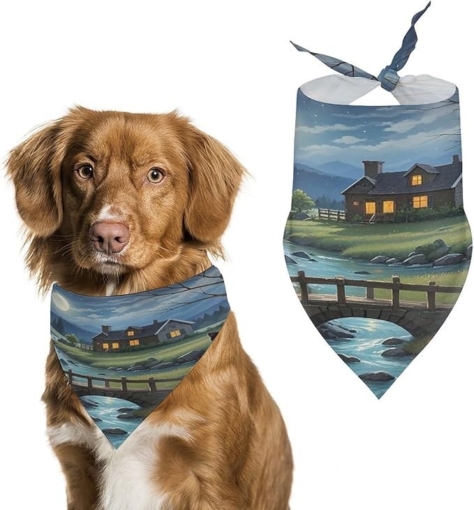 Dog Bandana Spring Pet Scarf Adjustable Triangle Full Moon Bridge Black Cat Printing Dog Bib Washable Polyester Puppy Bandana for Small Medium Large Dogs Cat Birthday Party Supplies