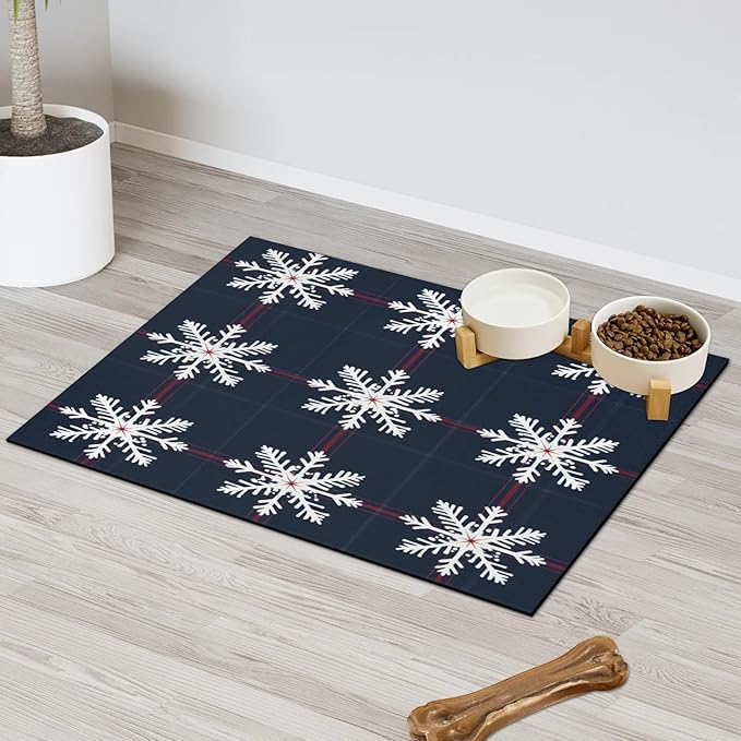 Xmas Winter Snowflake Dog Food Mat for Floors Absorbent, Quick Dry Water Dispenser Mat for Food, Water, Pet Supplies 12" x 20",