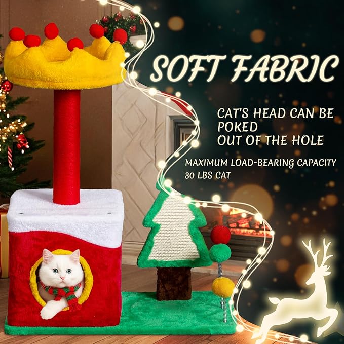 Outvita 29.5in Christmas Outvita Themed Plush Cat Tree, Multi-Level Cat Tower with Cat Condo, Top Crown Perch, Sisal Scratching Posts, Cat Pet Activity Center for Indoor Cats