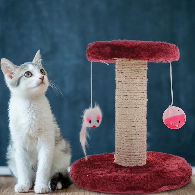 Cabilock Indoor Cat Scratching Post with Hanging Balls Double-Layer Sisal Scratching Tower Small Floor Cat Scratcher for Kittens with Bell Accessory Random Color