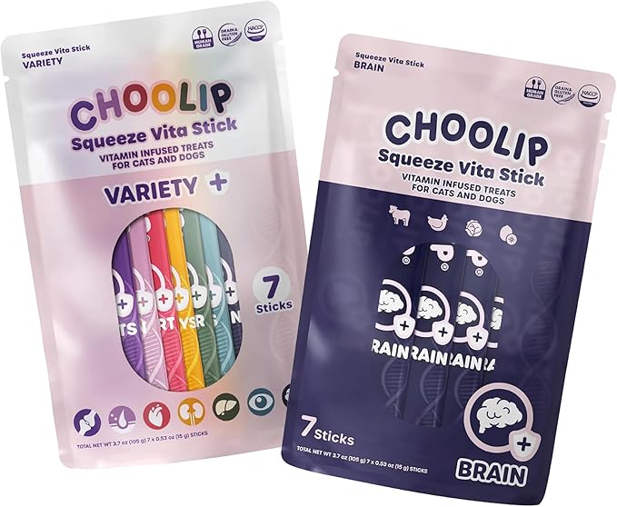 Choolip Bundle | Variety + Brain Pouches. 14 Squeeze Vita Sticks (7 Variety + 7 Brain) with Essential multivitamins. [Both Products are for Cats & Dogs of All Life Stages]