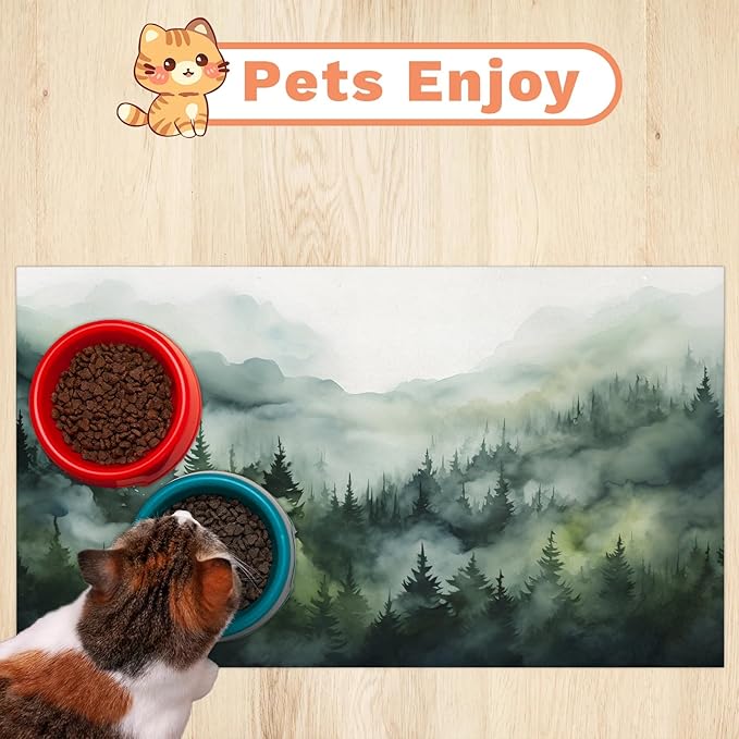 Misty Forest Dog Food Mat for Floors Absorbent, Quick Dry Water Dispenser Mat for Food, Water, Pet Supplies 12" x 20", Nature Woodland