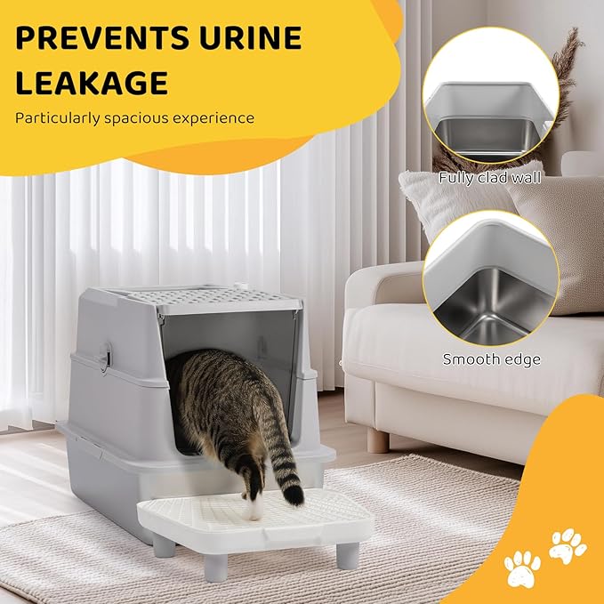 Outvita Stainless Steel Cat Litter Box with Lid 23.6", XL Metal Litter Box with Stair and Litter Scoop for Big Cats, Extra Large High Sided Enclosed, Anti-Leakage, Non-Sticky, Easy Cleaning