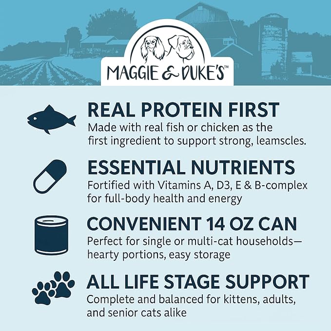 CountryMax Maggie and Duke’s Canned Cat Food – 14 oz – High-Protein, Grain-Free Wet Food for Adult Cats & Kittens (Case of 24 Cans, Savory Seafood)