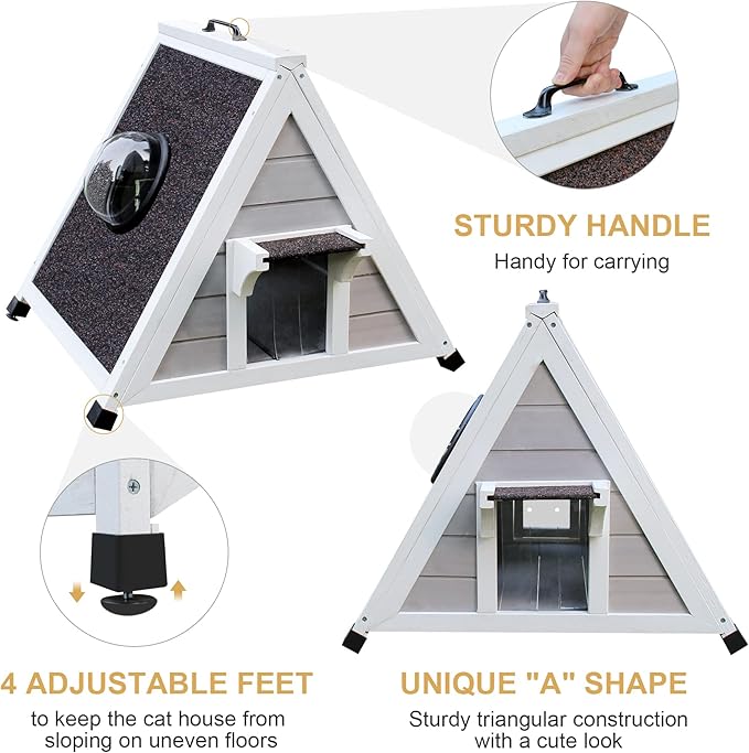 Deblue Weatherproof Cat House for Feral Cats, Outdoor Cat House for Small Cats, Unique Wooden Cat Shelter with Escape Door, Clear Window Fits for Small Pets - Grey