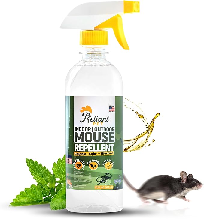 Peppermint Oil Mouse Repellent Spray 16oz - Natural Mice Deterrent for Indoor & Outdoor Use - Mouse Repellent Spray for Home, Car Engines, RV - Pet Safe Pest Control - Made in USA