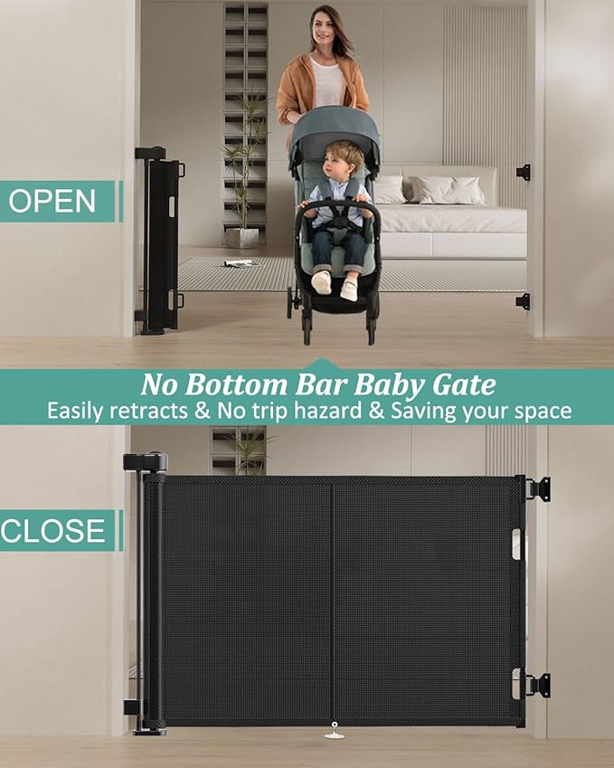 59 inch Retractable Baby Gates 34 inch Tall, Retractable Gate with Reinforced Strip Design to Prevent Crawling Through, 5 FT Retractable Dog Gate for Stairs, Doorways, Hallways, Indoor/Outdoor