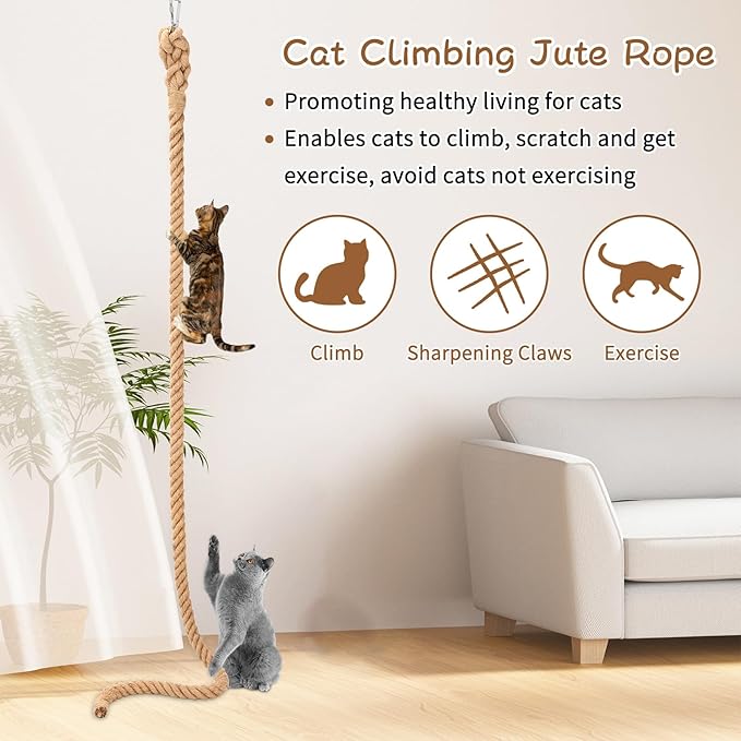 2" x 9.84Ft Cat Climbing Rope with Hook, Natural Cat Climbing Jute Rope for Ceiling and Wall Mounted, Durable Sisal Ropes for Indoor and Outdoor Cats Scratching Playing