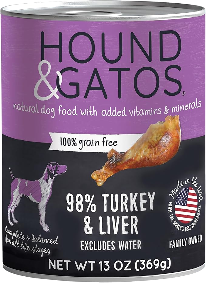 Hound & Gatos Wet Dog Food, 98% Turkey & Liver, case of 12, 13 oz cans