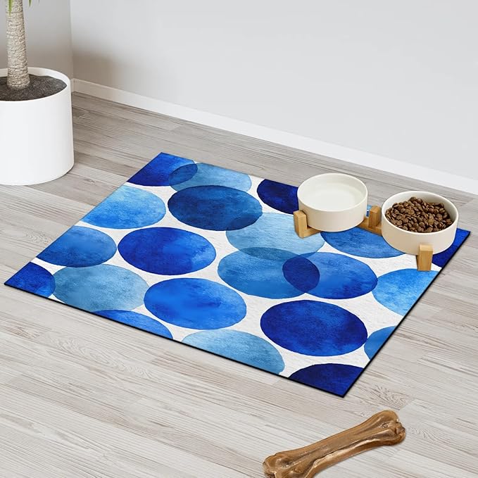 Polka Dot Dog Food Mat for Floors Absorbent Dog Bowl Mat for Food and Water Dispenser Quick Dry Cat Food Placemat Pet Supplies 17" x 30", Blue