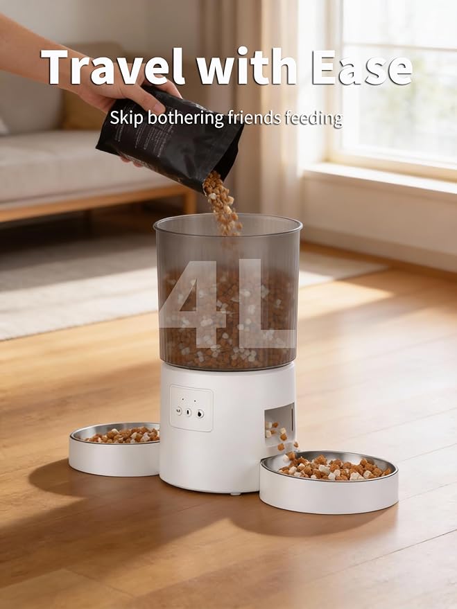 Automatic Cat Feeder, 2.4GHz WiFi Automatic Dog Food Dispenser, Fresh Protection, 4L Timer Feeder, Personalized Recording 10 Seconds, Easy to Clean, Stainless Steel Bowl (Double/White)